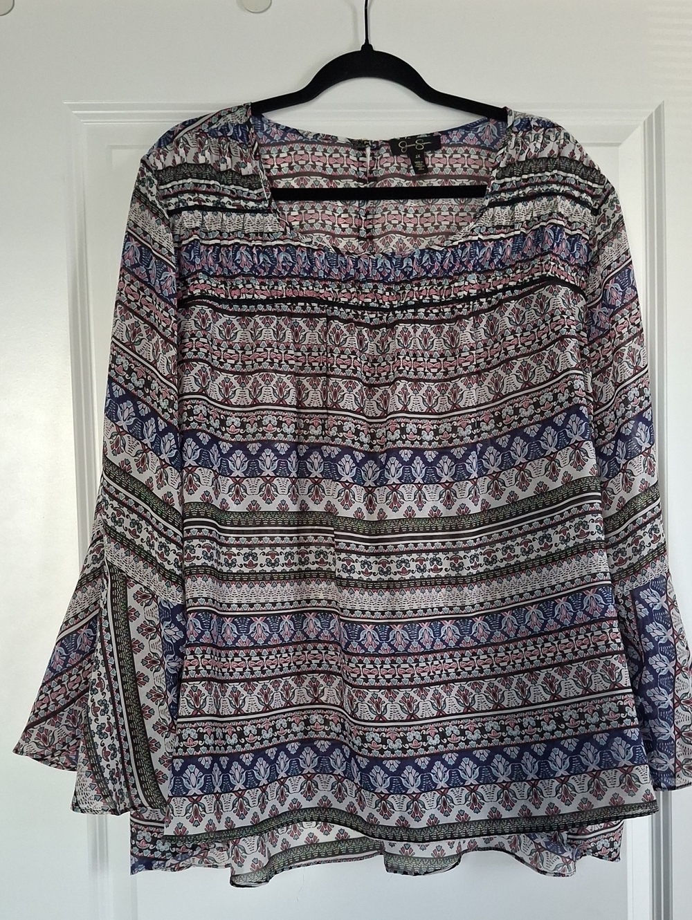Jessica Simpson Boho Striped Printed Peasant Blouse - Blue, White, Pink, Blue